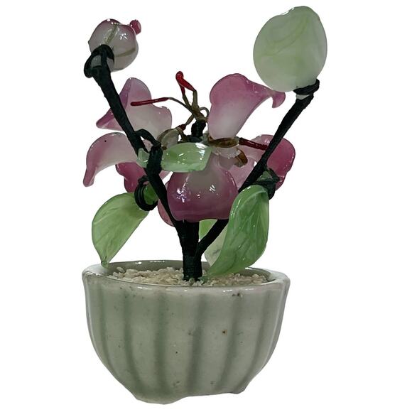 Asian Glass Bonsai Shell Flower Tree Jade Green Planter Pot Pink Green - Picture 4 of 10